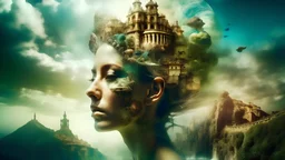 "gorgeous double exposure collage art illustration: Heaven + Earth, surrealism, hyperdetailed, hypermaximalist, Lovecraft, Epic cinematic brilliant stunning intricate meticulously detailed dramatic atmospheric maximalist digital matte painting"