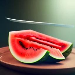 Samurai cut watermelon in slices with sword, unreal engine 5, 8k resolution, photorealistic, ultra detailed