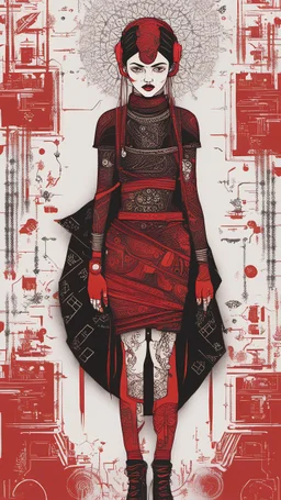 cyberpunk woman character in style of Warli painting red to black