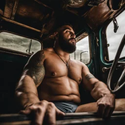 photography of a burly truck beefy driver at rest in truck, inside cab, shirtless, with short shorts, sweaty, massive with tattoos and short beard, Romanian, muscular, male chest, big tights, frontal view, seen from below