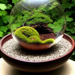 exquisite red maple bonsai terrarium in a glass orb, petrified wood, pebbles, dewdrops, dappled sunlight, linen backdrop