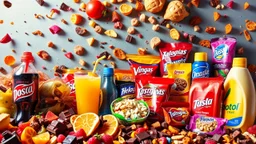 An image full of soda, chocolate, fruit juice, fruit pieces, and various types of chocolate from global brands, along with chips, puffs, biscuits, shampoo, and detergents, in a psychedelic, colorful, and eye-catching atmosphere.