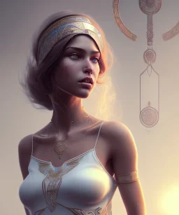 Gipsy, beautiful, curvy body, white fabric dress, beautiful long hair, bandana, head and shoulders portrait, holding tarot card, 8k resolution concept art portrait by Greg Rutkowski, Unreal Engine 5 volumetric lighting