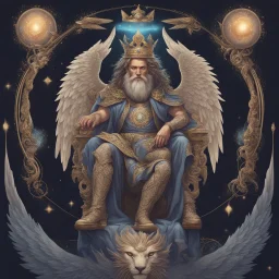 A god-like man with infinite power who holds the galaxies and wears a beautiful crown, a jewel made of diamonds and galaxies with weapons, riding on a lion with an eagle's head and eagle's wings.