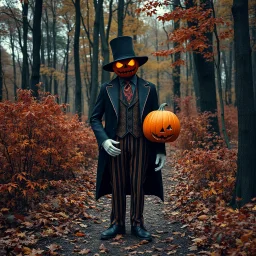 Pumpkin king in 1920s suit in an autumn forest spooky