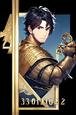 A handsome 30 year old knight, black hair, dark blue eyes, shaggy haircut, in black-and-gold plate armor, no beard, european, portrait