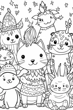 HAPPY NEW YEAR coloring page for kids, Animal friends sharing New Year wishes, thick outline, low details, no shading, no color