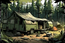camp, forest, post-apocalypse, front view, comic book, cartoon, pickup, trailer park