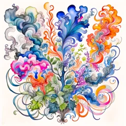 Design a watercolor artwork with an asymmetrical arrangement of vibrant, swirling smoke tendrils emerging from a central point, interwoven with depictions of wilted flowers and scattered tobacco leaves, symbolizing the detrimental impact of smoking and addiction.