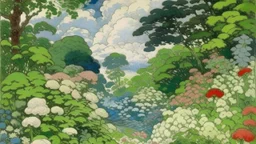 An illustration by Monet and Kuniyoshi of a landscape of blooming flowers and lush vegetation.