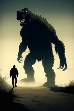 a distressing image of a person walking with a monstrous creature in their shadow