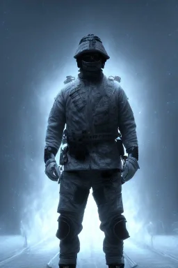 All Black british soldier, ghost, wearing high tech mask, white smoke, dark, rage, sorrow, high definition, ultra 8 k, volumetric lighting, blue fire, fog