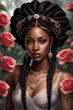 envision a closeup of a beautiful black female, with braids, in the midst of a rose garden, facing the front, large gray eyes, mystical fantasy, chaos, full body down to knees, in a beautiful short all lace dress