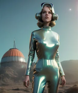 Ultra Realistic retro sci-fi image from 1960, spaceship, sweet young Jane Fonda woman, dress with tight latex suit and retro glass helmet, Retro sci-fi style, soft color, highly detailed, unreal engine 5, ray tracing, RTX, lumen lighting, ultra detail, volumetric lighting, 3d, finely drawn, high definition, high resolution.