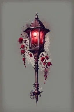 watercolor drawing of an old gothic dark red street lamp with flowers, rubies and lace, on a white background, Trending on Artstation, {creative commons}, fanart, AIart, {Woolitize}, by Charlie Bowater, Illustration, Color Grading, Filmic, Nikon D750, Brenizer Method, Side-View, Perspective, Depth of Field, Field of View, F/2.8, Lens Flare, Tonal Colors, 8K, Full-HD, ProPhoto RGB, Perfectionism, Rim Li