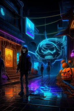 "Create an AI art piece that blends the eerie enchantment of Halloween with a futuristic twist. Picture a cyberpunk-themed Halloween night, where neon lights and holographic jack-o'-lanterns illuminate the streets, and supernatural beings meet cutting-edge technology."