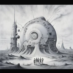 by Tomasz Setowski and Gerald Scarfe, Leaving the Machine, machine dreamscape, surreal tribute to Pink Floyd, Album art, ink illustration, sharp focus, surreal concept art, dark backgrround