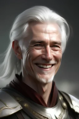 digital art fantasy of a mid age male warrior with white hair with no beard with an happy face