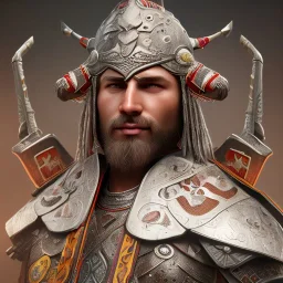 portrait of a warrior with turk man themed armour, extremely detailed, UHD, 8k,The close-up camera effect,sharp focus, perfect position,hyperphotorealistic, unreal engine 5, octane render