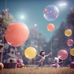 Ultra realistic circus scene. Sweet hair monster and Child’s playing, smile, happy, color bubbles, smooth color, waist up view, Wes Anderson style, dark ambient, highly detailed, concept art, unreal engine 5, god rays, ray tracing, RTX, lumen lighting, ultra detail, volumetric lighting, 3d, finely drawn, high definition, high resolution.