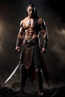 Shirtless Handsome alpha warrior with long dark hair pulled back in a pony tail. photorealistic. 4k. Dark Fantasy