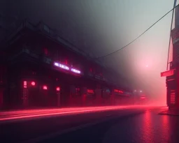 city, storefront, atmospheric,night lighting,red emission,foggy, realistic, unity engine, cinematic lighting, octane render.