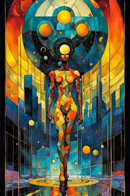 Create a chaotic abstract cubist Tarot Card depicting a full body post apocalyptic, Judgement , with highly detailed facial features, in the style of Bill Sienkiewicz, Philippe Druillet, Gustav Klimt, and Jean Giraud Moebius, precisely drawn, colored and inked