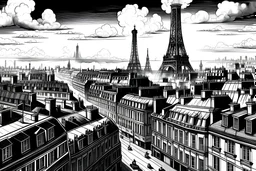 ciudad de paris vista panorámica en blanco y negro . estilo comic. . vista panoramica frontal puedes hacerlo mejor. chimeneas con humo. clave tonal baja. más ejemplos. linea de horizonte más baja. vista desde abajo. vista desde la calle