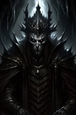 A malevolent king draped in flowing black attire that seems to absorb the surrounding light. His sinister crown, adorned with ominous spikes, rests upon a head crowned with jet-gray hair. Obsidian eyes reflecting cruelty and malice. A deadly grin curves across his face, betraying the depths of his malevolence. In the shadow of his presence, an aura of darkness.