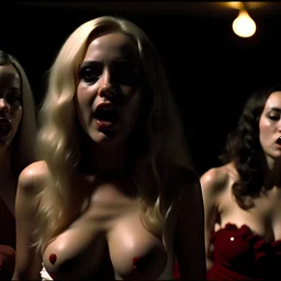 Horror movie shot, spooky, hot, ultra realistic, bone, hottest, they enjoy and get excited, ultra realistic hot blonde women, party, pieces of meat, organs, ail, dynamic, very excited people, hypermaximalist figures, light, 1970's Italian horror movie, sinister,, Dario Argento, Stanley Kubrik, ornate, 4k, photorealism