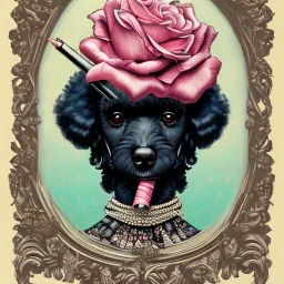 Vintage drawn illustration of a black and pink poodle with roses wearing a beret and smoking a cigarette on the rooftop of the Louvre, french illustration, Camilla d' Erica, storybook illustration, aubrey Beardsely, art deco motifs, highly detailed, color pencils, soft, vogue, french cartoon, editorial drawing,