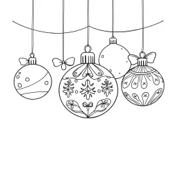 A black and white cute drawing of Christmas ornaments. Only outline, white background,for kids. The illustration should be in [SUPER SIMPLE], black and white, bold line art with a clear, mostly empty background. [INCLUDES ONLY OUTLINES WITH NO FILLED IN BLACK AREAS], ensuring no shading, no complex images, and making it very easy to color in between the lines.