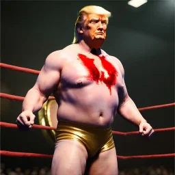 Realistic photo, Donald trump wrestler, wrestling, naked torso, blood, sweat, red breeches, suspenders, retro style, 80s, hot ambient, photo studio, red, gold, vibrant color, gradient, highly detailed, art stations, concept art, smooth, unreal engine 5, god rays, ray tracing, RTX, lumen lighting, ultra detail, volumetric lighting, 3d, finely drawn, high definition, high resolution.