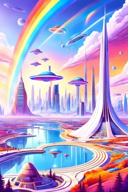 ville futuriste ultra moderne, ufos, rainbows,intergalactic city