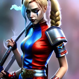 only harley quinn, fly hair, mist around, highly realistic, highly detailed, warrior armor, mist around, smoke