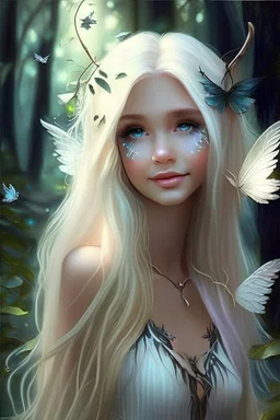 blonde fairy with dark hair in a forest. девушка фея,очень красивая,светлая,красивая, блестки, лилии,крылышки, стройная,сексуальная, улыбка милая,макияж,длинные белые волосы, украшения