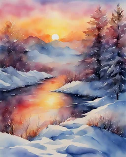 Snowy winter sunset watercolor painting, fabriano cardboard, texture, Thick branches, beautiful watercolor painting style, detailed watercolor painting, high detailed watercolor painting, high quality, 4k