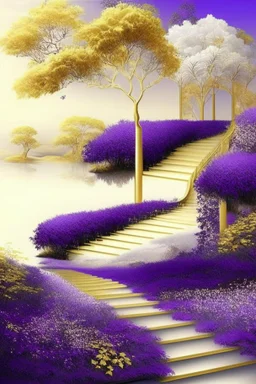 garden sky field trees river pools gold white purple stairs