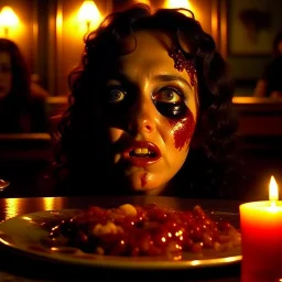 Spooky, ultra realistic distress, dining, ultra realistic hot woman, nose, melted red ice, giant eye on a table, organic hot bondes, dynamic, anguish, excited and lively scene, hypermaximalist figures, Creepy the Ring Alfred Hitchcock, Sam Raimi, insanely detailed, sinister, John Carpenter, Dario Argento, ornate
