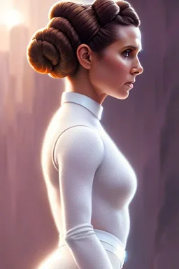 hyper realist, hyper detailed, stunningly beautiful Princess Leia, athletic realistic body, by greg rutkowski, magali villeneuve, artgerm, wlop, rossdraws, concept art, digital painting