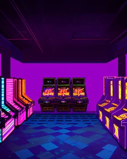 A dark photo of the corners of an 80's aesthetics arcade at night, with a lot of functioning arcade machines, a vaporwave floor and some colorful tiles in between the floor. Purple aesthetics. There are some pizza boxes over some of the arcade machines