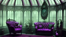 Vampire living room in gothic green house, purple, 8k, high quality, trending art, trending on artstation, sharp focus, studio photo, intricate details, highly detailed, by tim burton