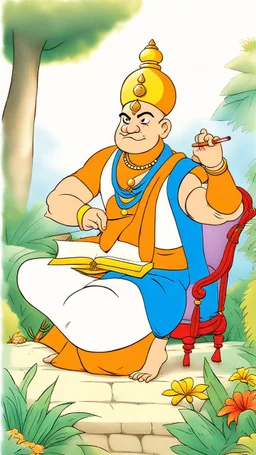 King stroll in the garden. There he saw Tenali Raman writing down something on a paper.