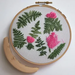 ferns in embroidery hoop, intricate, detailed, delicate