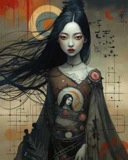 No corners drawing lines dots Kandinsky A full-body pretty African Asian moon goddess draped in flowing celestial fabric walks on water beneath a glowing full moon. Her gown unfurls like clouds, catching starlight and golden dust in the night air. The scene is surreal and divine, with painterly textures and a balance of shadow and illumination vertical Award winning imagery trompe l'oeil 3D surrealism masterpiece of Odilon Redon's dreamlike surrealism. kintsugi painting of abstract squares creat