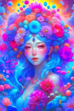 Astral, Beautiful, Radiant, Akihito Yoshida, Fantasy Art, vibrant pastel colors, 3D goddess surrounded by millions of Flowers
