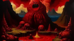 A dark red molten crater with fiery imps designed in Moai statues painted by Thomas Hart Benton