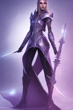 Full body, girl in futuristic ninja armor, cloak, 2 swords, glowing purple armor, fighting pose