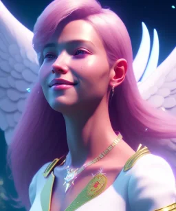 A portrait of smiling angel queen, sweet pink atmospheric, realistic, unreal engine, cinematic lighting, octane render.