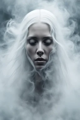 female face barely visible from very dense white smoke and fog, translucent form, ghost-like face, lots of white hair, lots of fog in the background, surreal style, cinematic, mystic